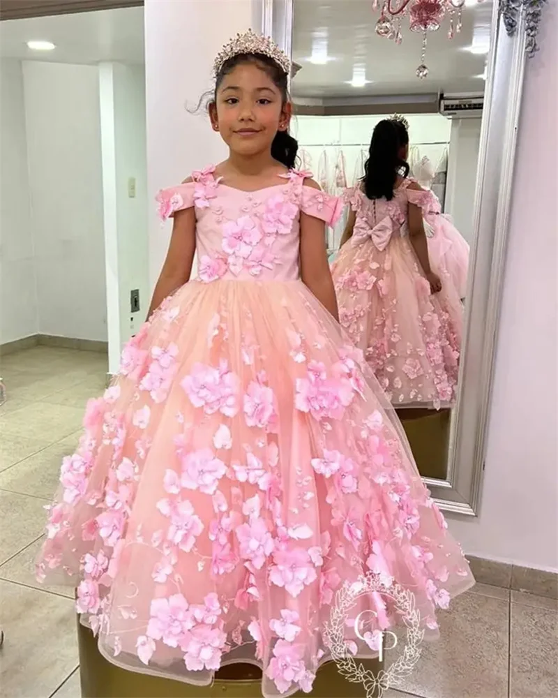 Customized Pink Flower Girl Dresses For Wedding 3D Flowers Off Shoulder With Bow Luxury Princess Birthday Party Banquet Gown