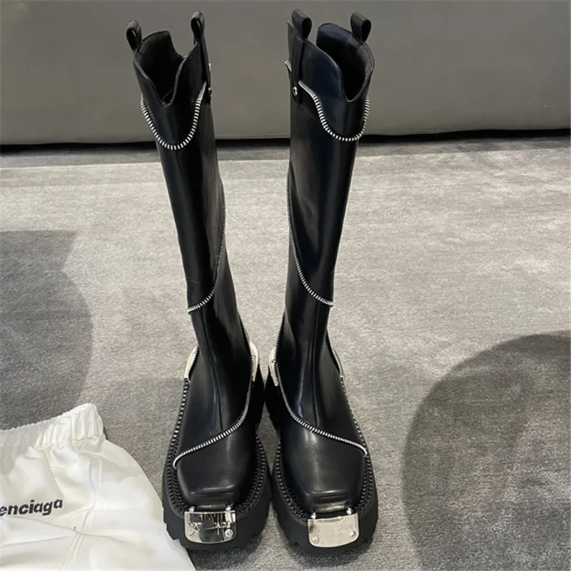 Handsome Leather Women Knee-High Knight Boots New Winter Metal Decoration Classic Sexy Comfortable Motorcycle Boots Envío Gratis