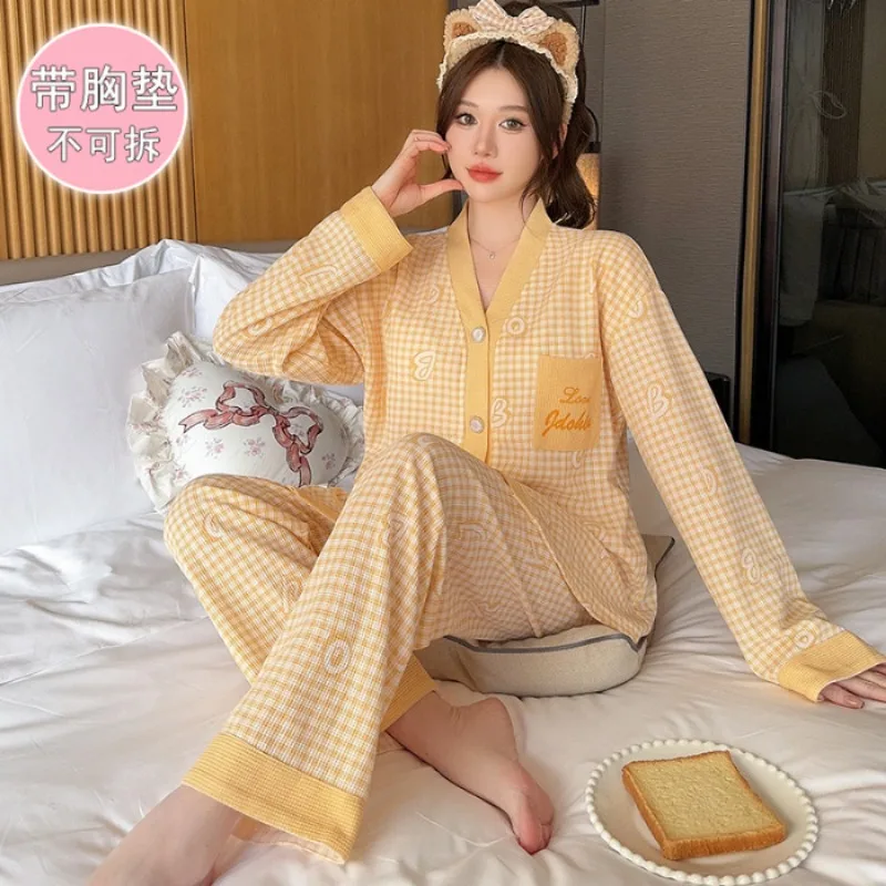 5XL Plus Size Cotton Plaid Loose Pajamas Set Women with Chest Pad Autumn Korean Long Sleeve Cardigan Trouser Can Be Worn Outside