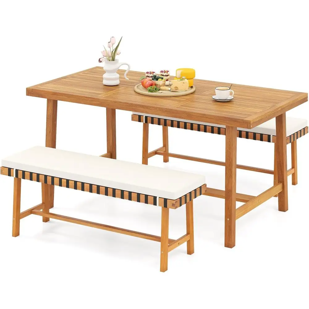 

4-Person Outdoor Acacia Wood Patio Dining Set with Rectangular Table and 2 Cushioned Benches