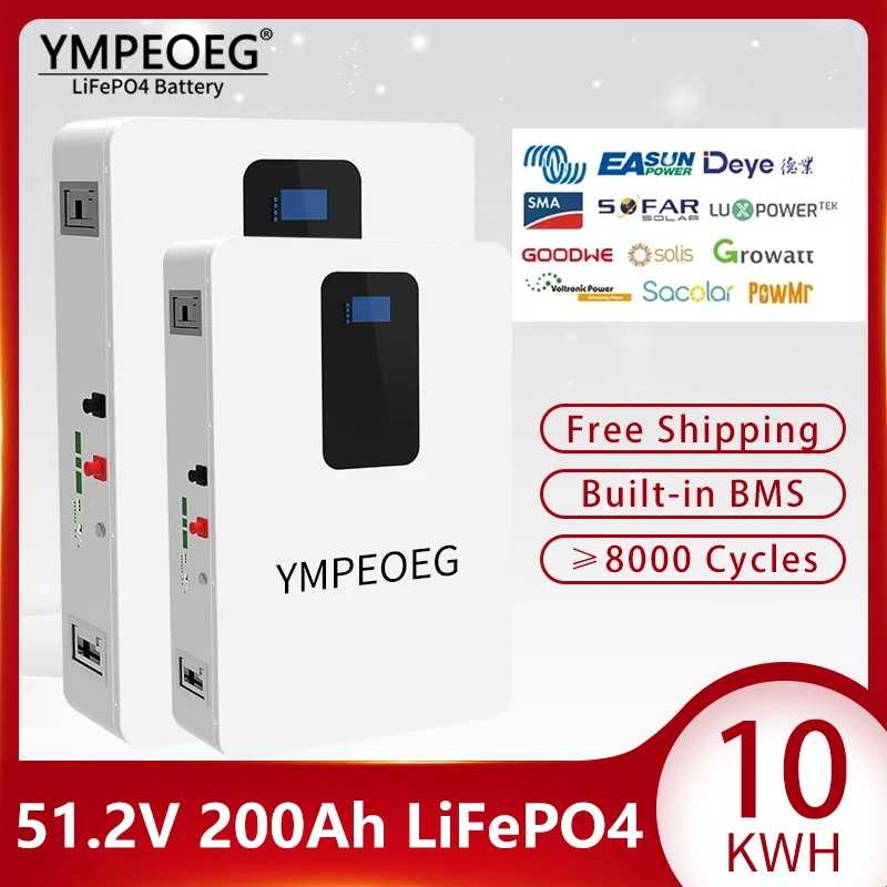 10KWh 48V LiFePO4 Battery Pack Grade A 200Ah Wall Mounted 100% Full Capacity 8000 Cycles Built-in BMS Solar Power Storage