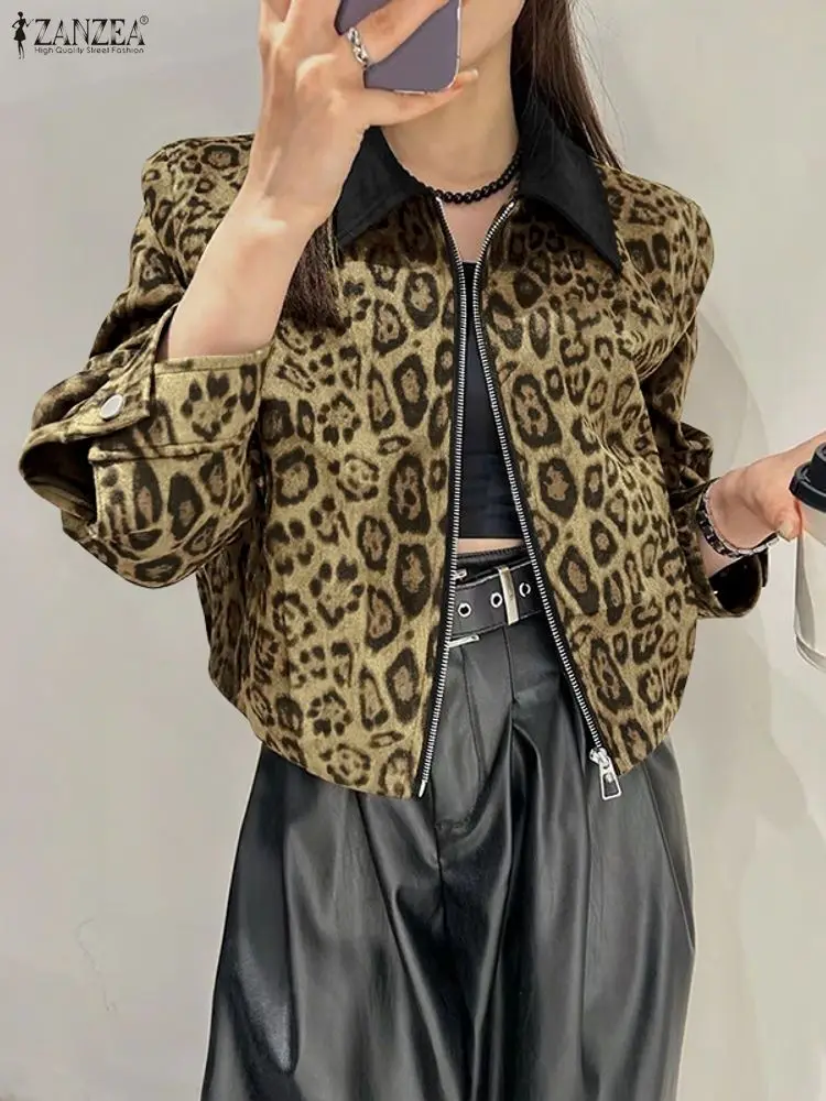 

ZANZEA Stylish Leopard Print Womens Short Jackets Fall 2025 Turn-Down Collar Long Sleeve Zip-Up Outerwear Trendy Streetwear 3XL