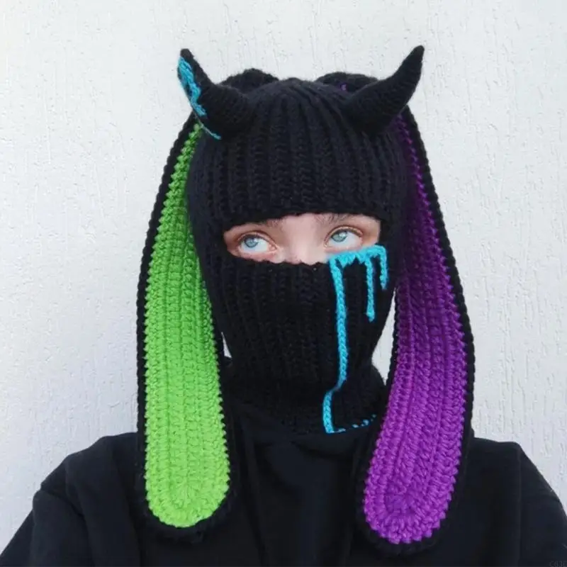 

C63C Warm Winter Caps Knit Beanie Hat Cartoon Animal Long Ears Knitted Ski Mask Unisex Soft Headwear for Men Women