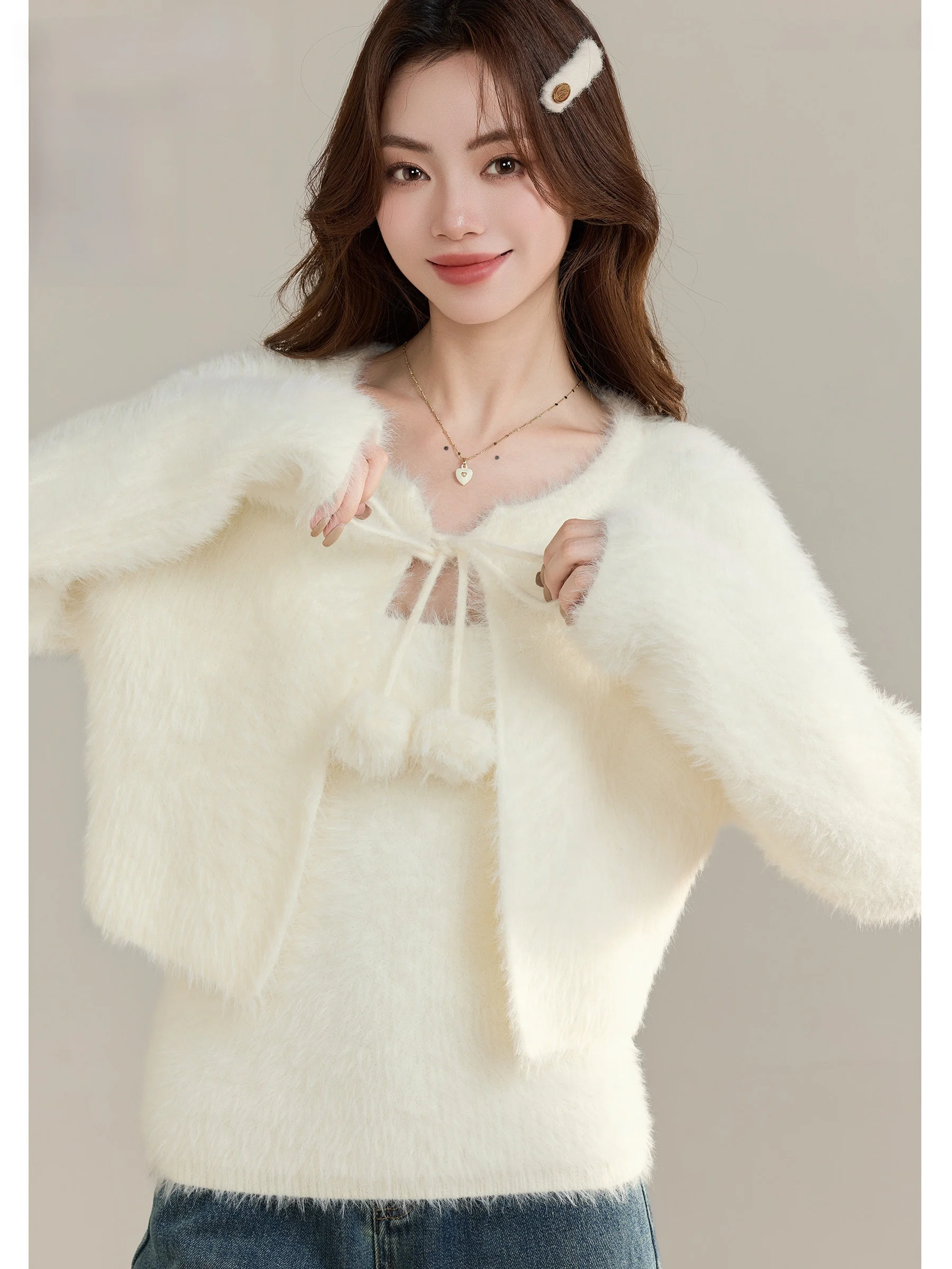 

Linjou Soft Fleece Knit Hat Women's Short Coat Style Polyester Fiber Home Wear Cardigan Style Winter Season Casual Loose Fit