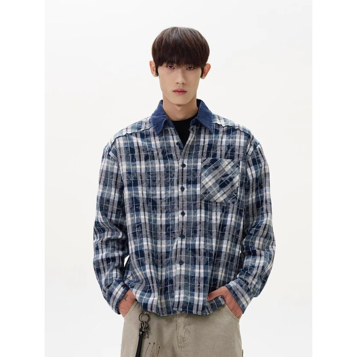 

American Retro Men's Loose Casual Plaid irt Spring Autumn New Sle Patchwork Stand Fit Long Sve Polyester Jaet