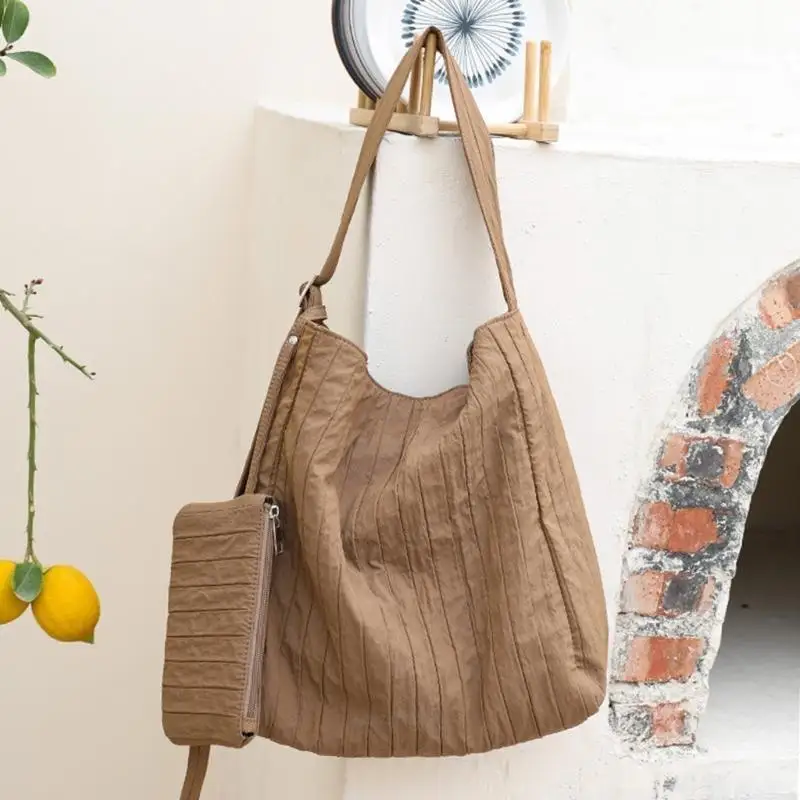 

X5XA Solid Color Canvas Crossbody Bag with Small Pleated Striped Shoulder Bag