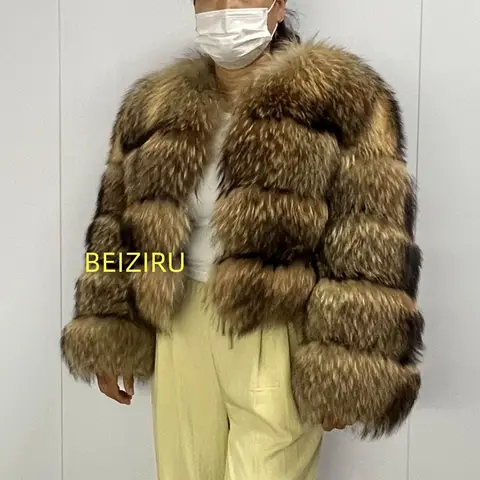 BEIZIRU Women's Real Raccoon Fur Coat Winter Long Sleeve Hooded Jacket with Turndown Collar Natural Luxury Thick Top