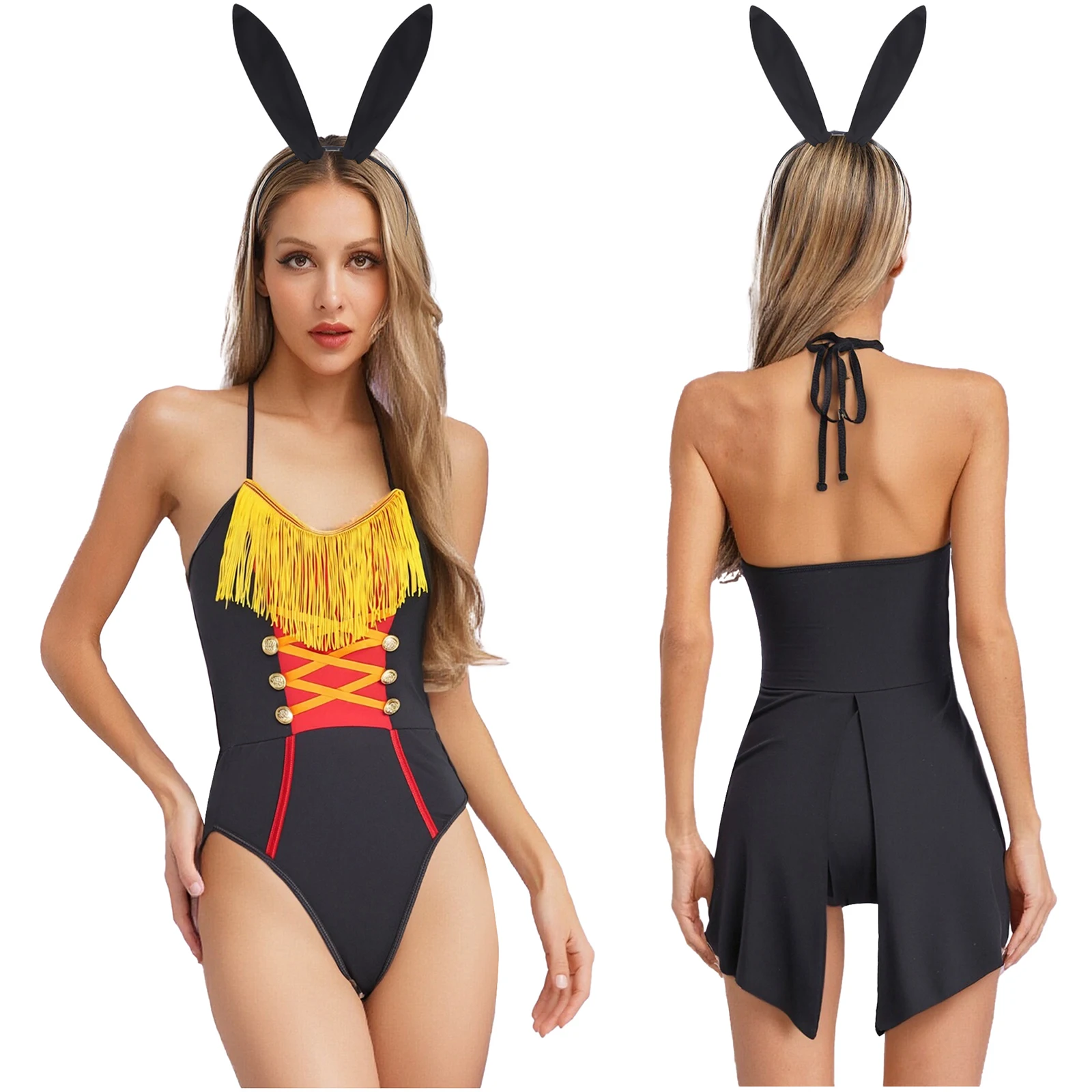 

Women Bunny Cosplay Bodysuit And Rabbit Headwear Set Halter Swallowtail Detail Leotard for Halloween Circus Honor Guard Dress-up