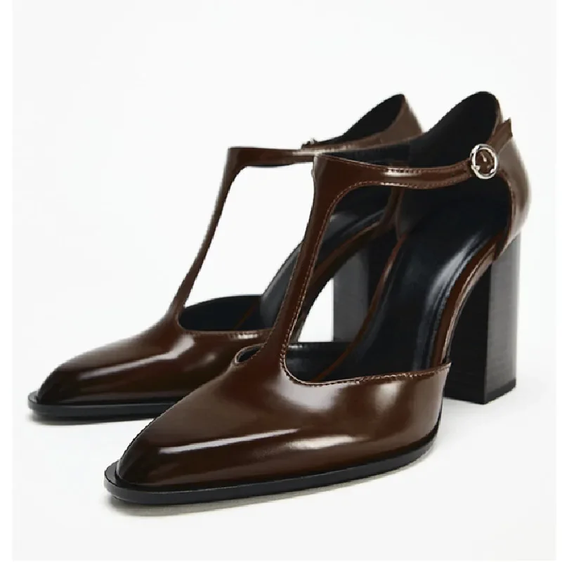 

Luxury Designer Pumps Women Retro Brown Patent Leather Ankle Buckle Mary Jane Shoes Fashion Pointed T Strap Chunky Heel Sandals