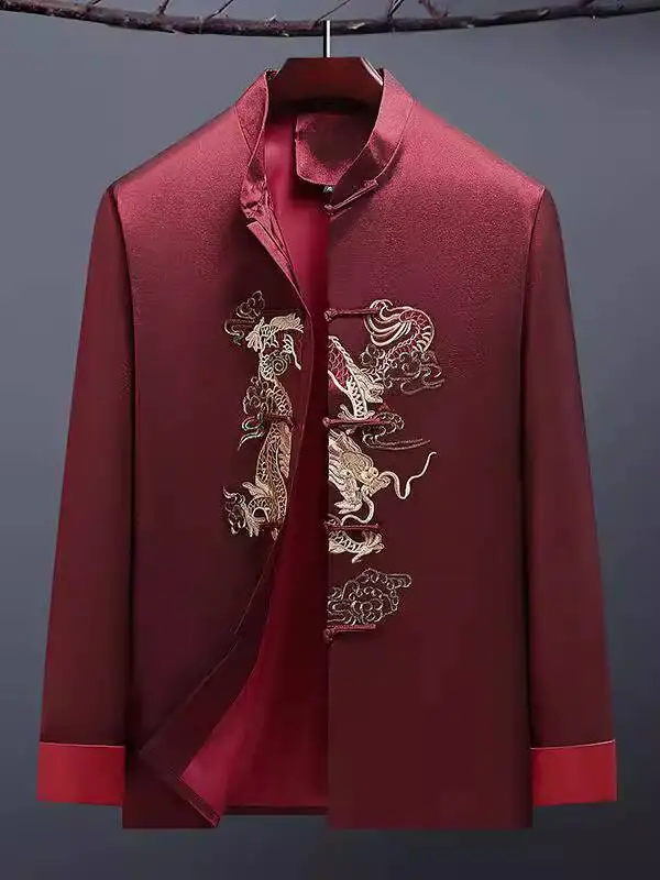 Traje de dragón Tang bordado para hombre, chaqueta china, ropa Formal, disfraz de actuación para eventos anuales, rojo y negro