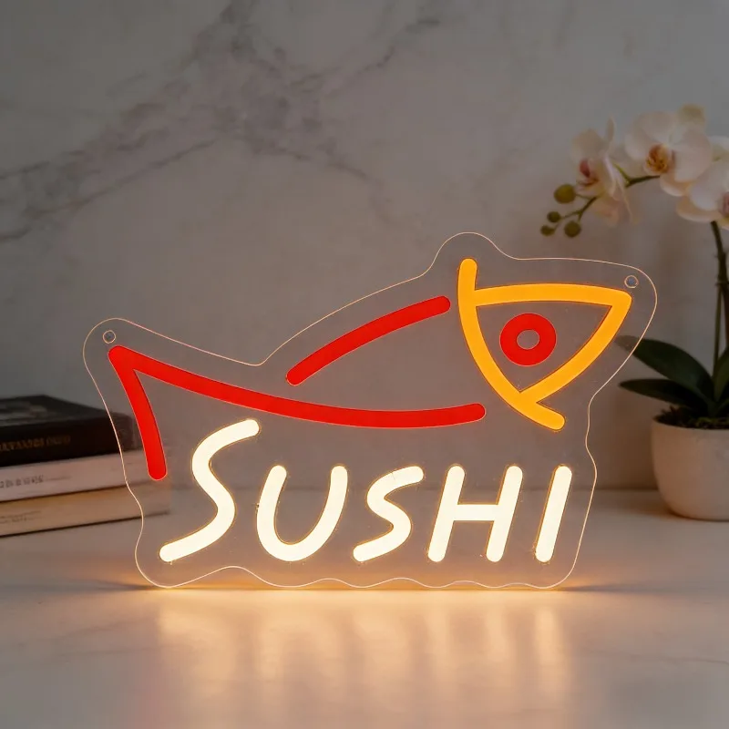 

LED Sushi Fish Shape Neon Sign USB Dimmable Red Neon Light for Japanese Restaurant Bar Kitchen Sushi Shop Theme Wall Decor