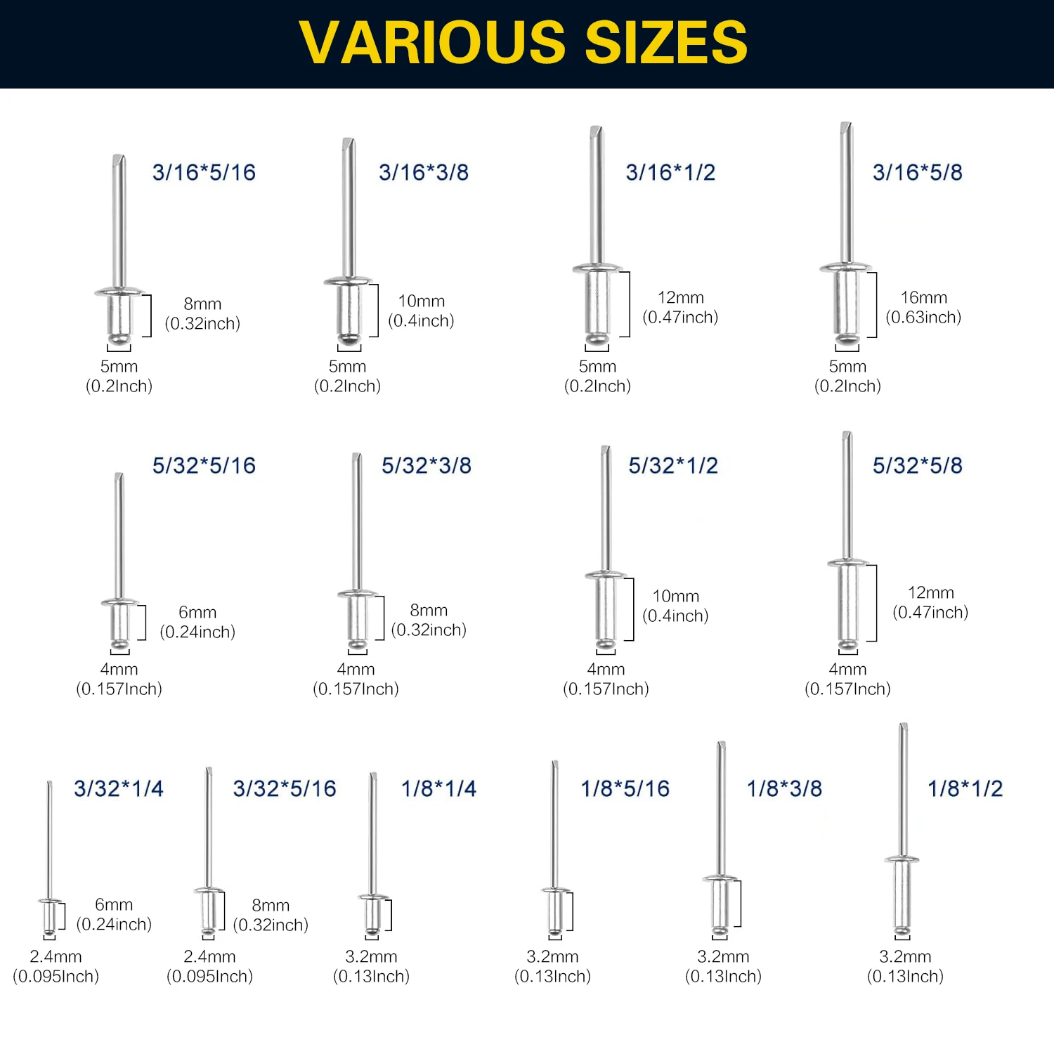 مجموعة متنوعة من مسامير البوب 120/ 200 قطعة، 14 مقاسًا من المسامير الألومنيوم العمياء (3/32 بوصة 1/8 بوصة 5/32 بوصة 3/16 بوصة) مسامير أعمى متنوعة #3