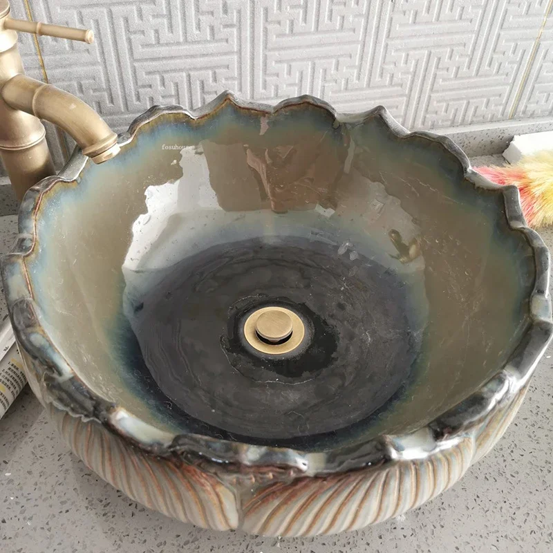 

new Retro Vintage Ceramic Bathroom Sinks Art Lotus Countertop Basin kitchen Washing Sink Overhead Sinks Home Bathroom Washbasins