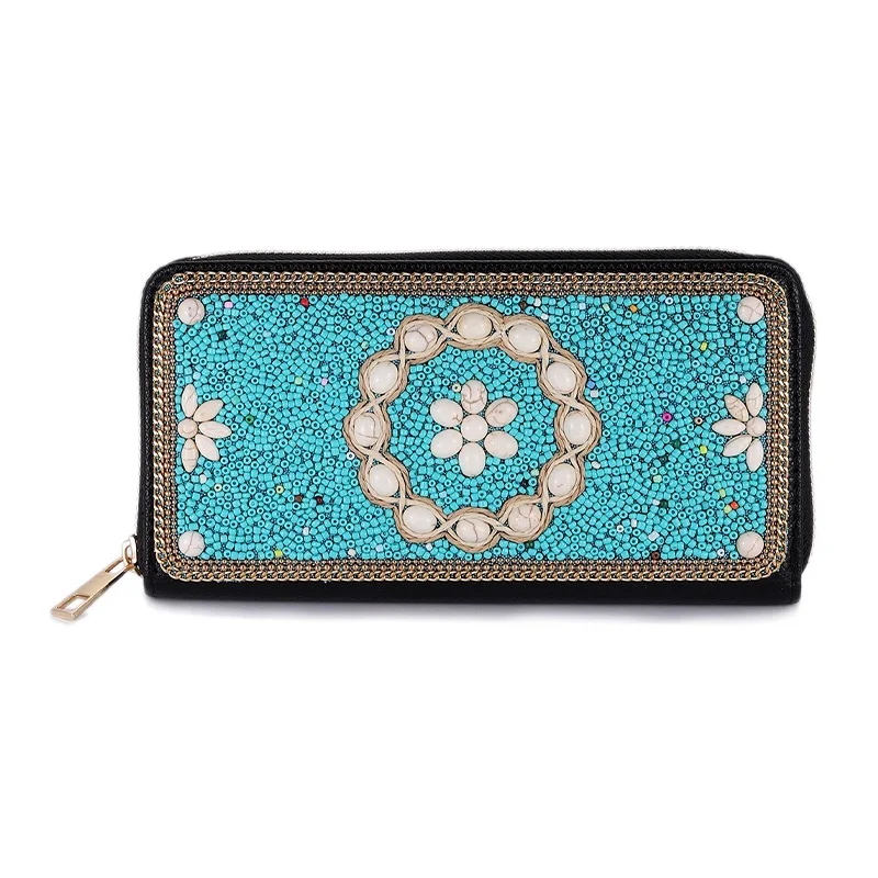 Women's Turquoise Beaded Long Wallet, PU Zip Around Purse with Card Slots and Coin Pocket, Boho Floral Travel Wallet