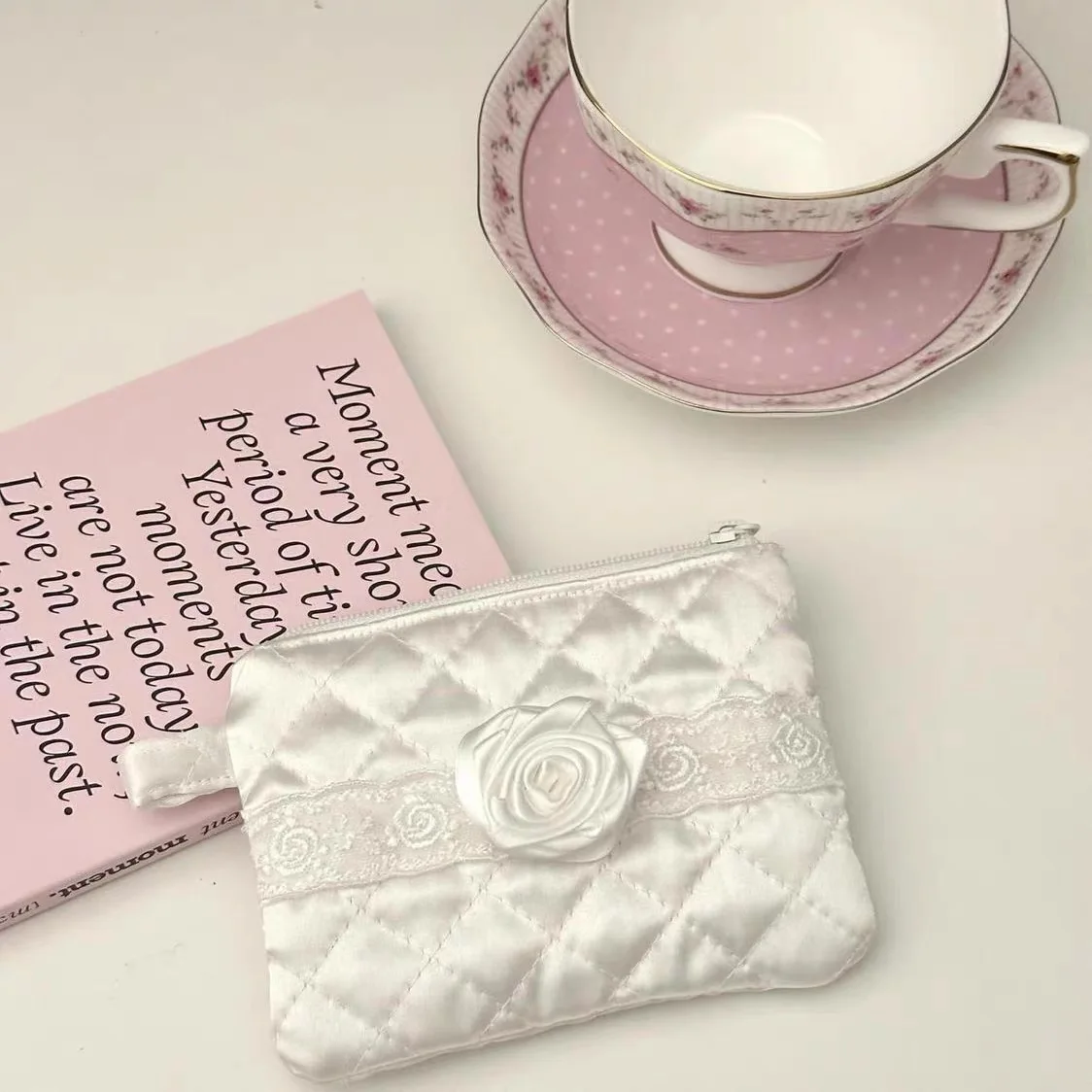 Portable Travel Coin Purse White Porcelain Rose Color Block Korean Style Storage Bag Convenient Carry-On Change Organizer