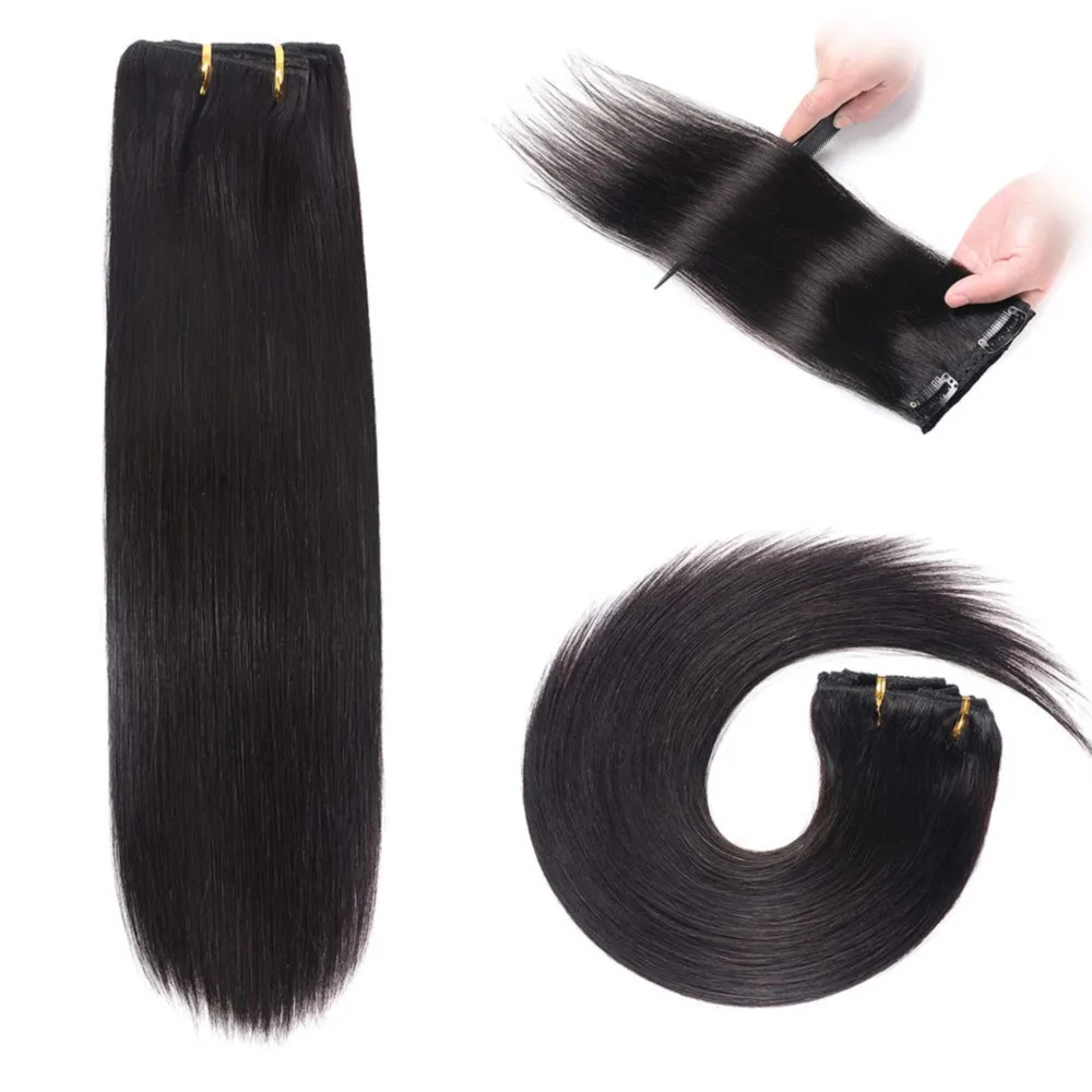 Extensiones de Cabello virgen brasileño, pelo de cabeza completa Invisible, sin costuras, 100% liso, Color negro Natural