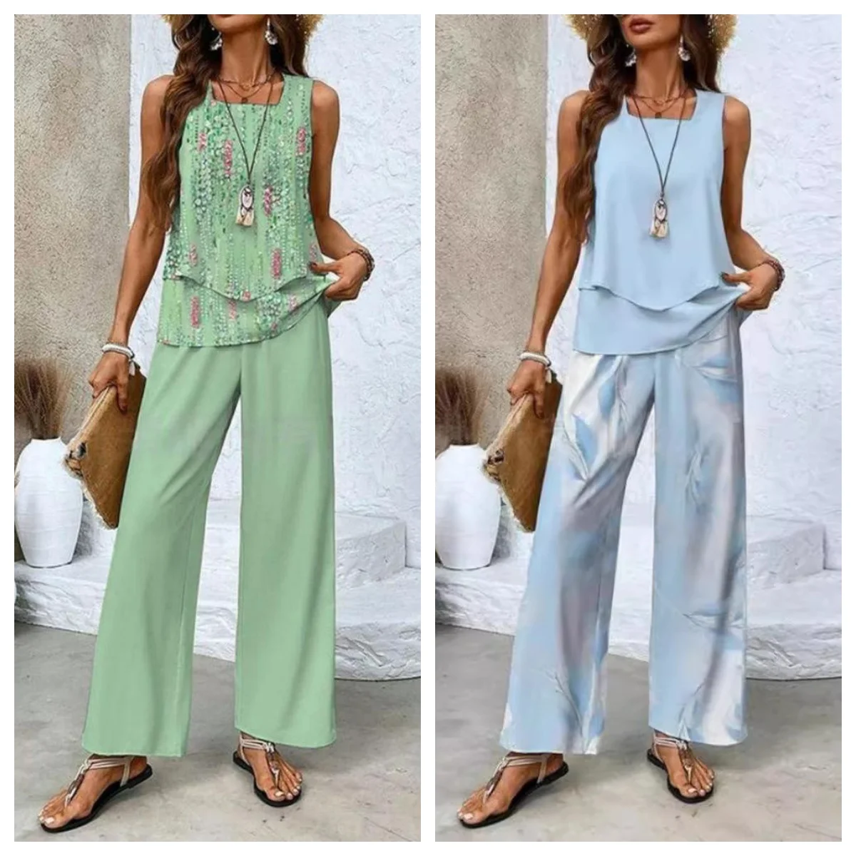 Chiffon Women\'s Sleeveless Vest And Pants Set Summer Fashion Print Set  Fabric Is Soft Comfortable Lightweight Breathable