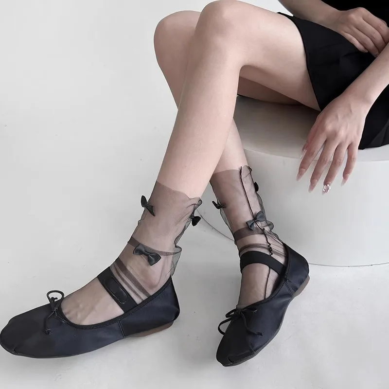 1/2Pairs Lolita Bowknot Mesh Socks Women Summer Ultra-thin Transperant Loose Calf Socks Long Ribbon INS Style Stockings