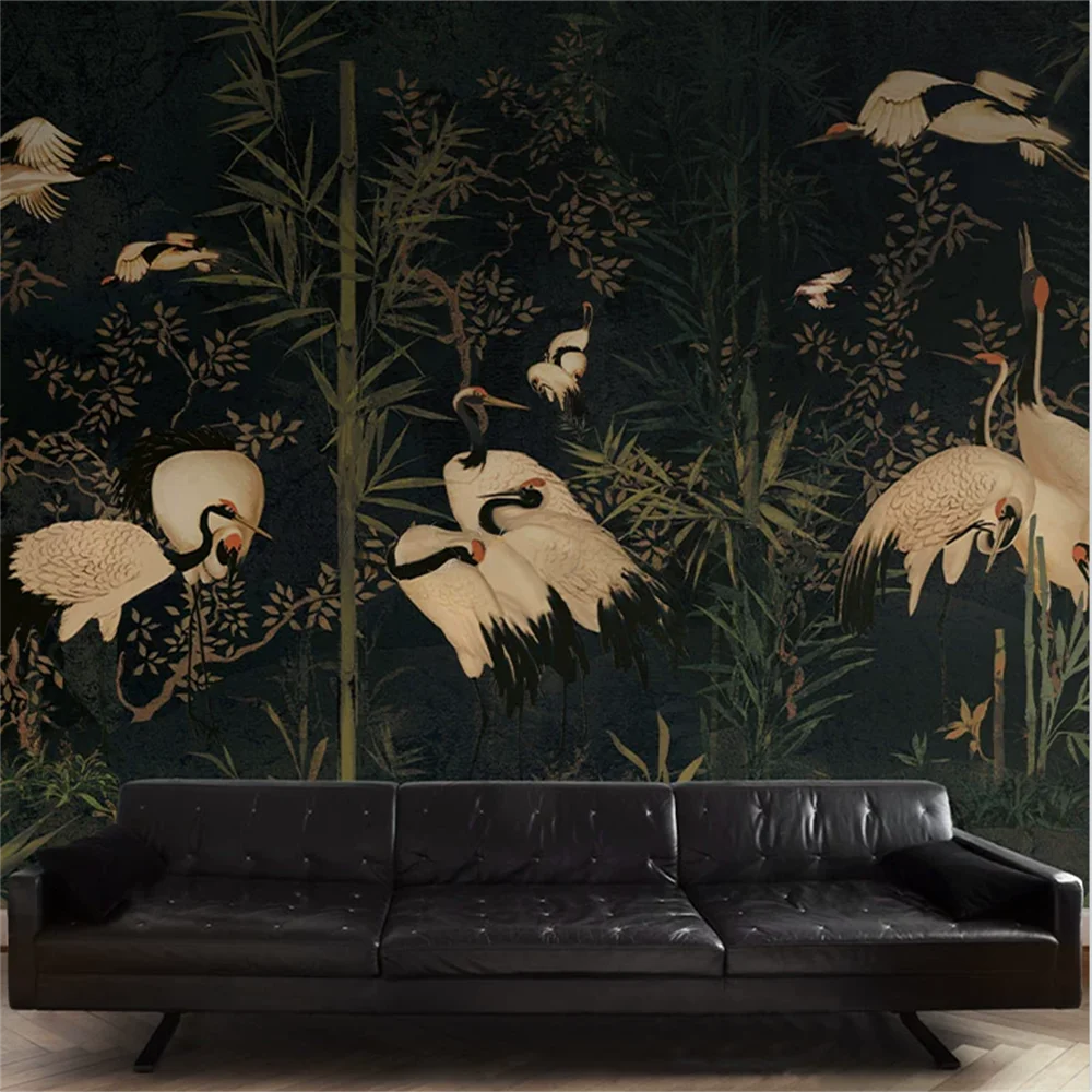 custom floral wallpaper ancient crane bamboo Red-crowned crane wallpaper living room bedroom sofa background Song's aesthetic