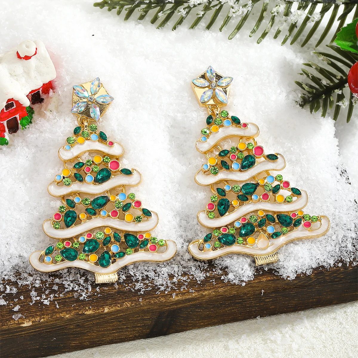 زوج واحد من الأقراط المتدلية لشجرة عيد الميلاد، إكسسوارات أذن من سبائك الزركون الملونة اللامعة، هدية لحفلات العطلات ﻿