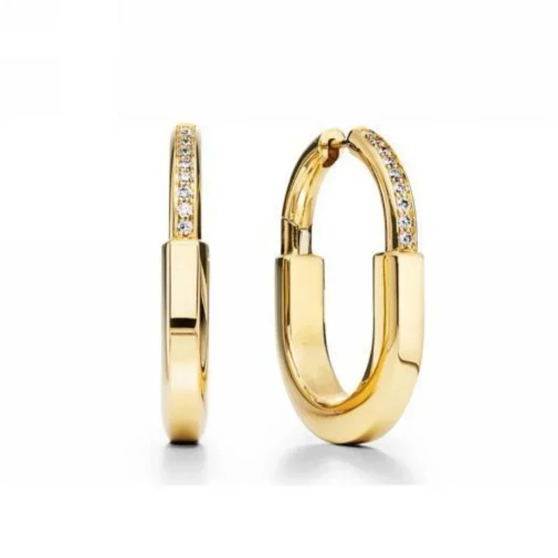 

Gold Hoop Earrings with Polished U-Link Design and Pavé Diamond Accents