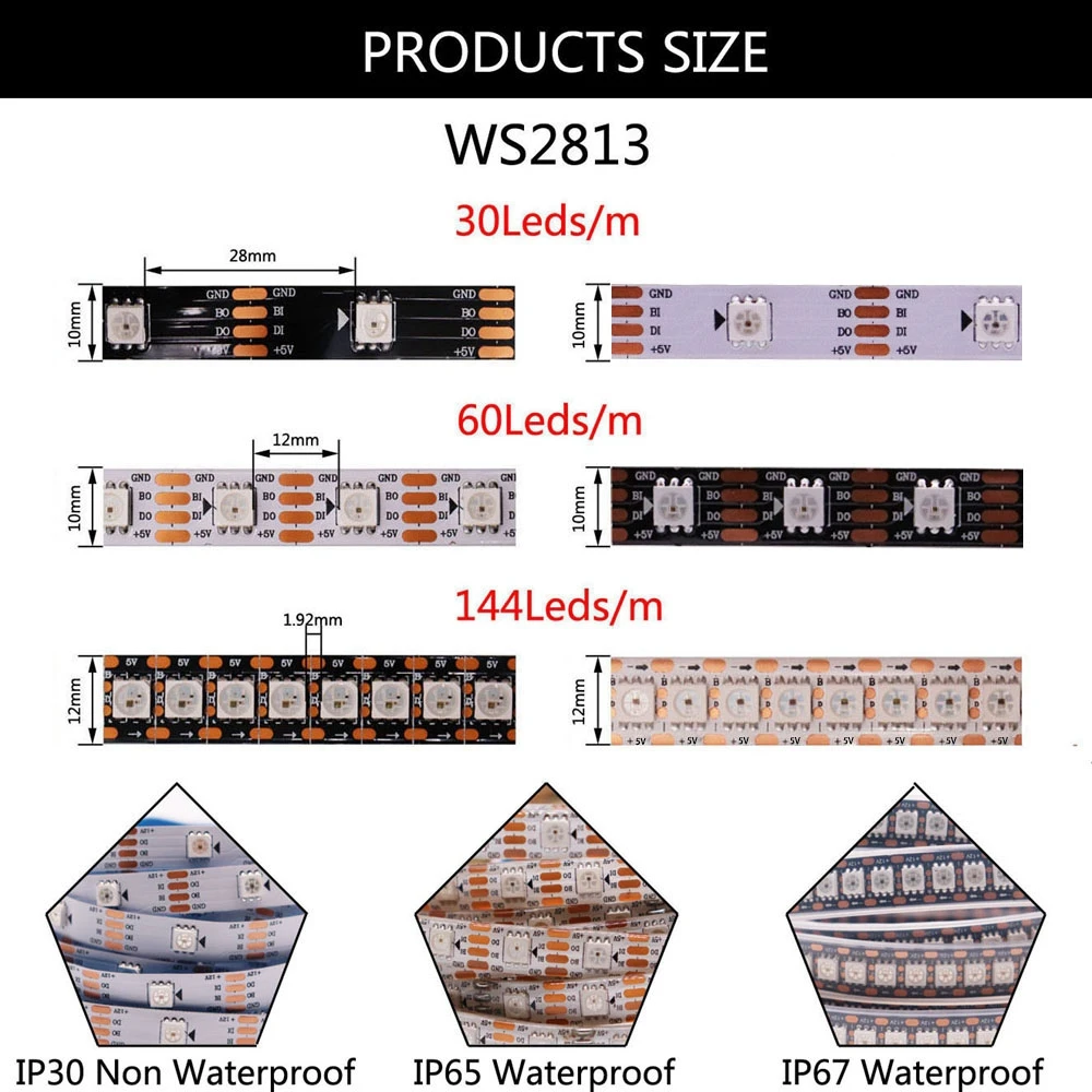 Fita de iluminação LED RGB inteligente, IC endereçável individualmente, WS2812B, WS2811, WS2813, WS2815, 5050, WS2812, 30, 60, 144Pixels, Leds, m, DC 5V, 12V