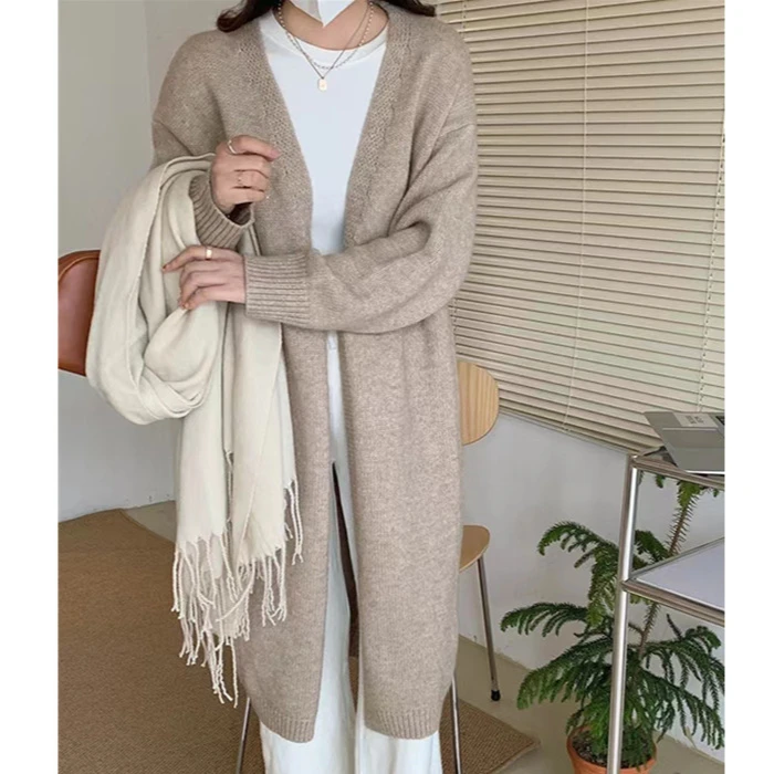 Autumn Winter Women's Knit Cardigan Solid Color Long Style Casual Flannel Thicken Over-the-Knee Coat Versatile Fashion Sweater