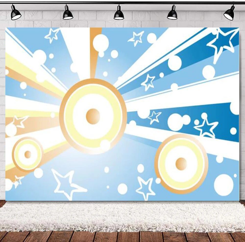 

Cartoon Sound Photography Backdrop Yellow And Blue Sound Pattern Stars Spot Rock Background Disco Party Decorations Photo Booth