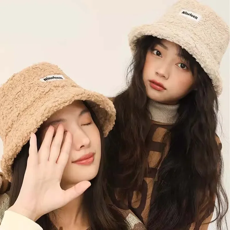 NEW Lamb Wool Bucket Hat Winter Warm Letter Hats For Women Lady Thicken Flat Top Cap colors solid Panama Outdoor Fisherman Caps