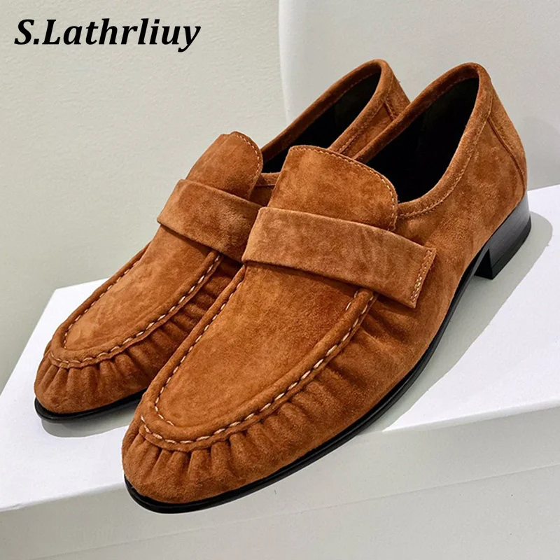 

2024 Spring Autumn Deep Mouth Lazy Loafers Women's Suede Pleated Flat Shoes Round Toe Retro Single Shoes Low Heels Walking Shoes