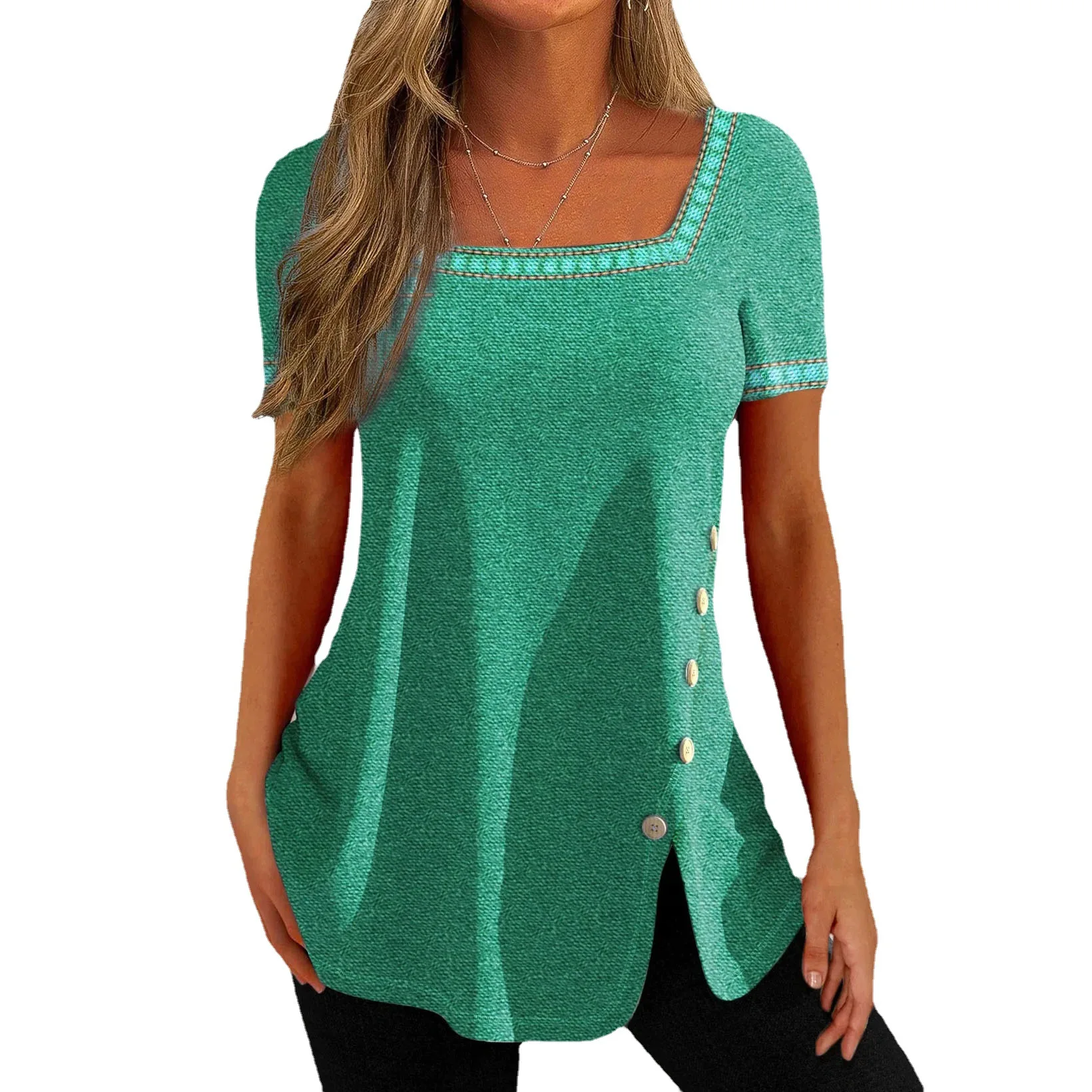 Woman's Tshirts Superior Quality spring/summer Cotton Square Neck Buttons Solid Color Ladies Top t-shirt Dropshipping BKL1169