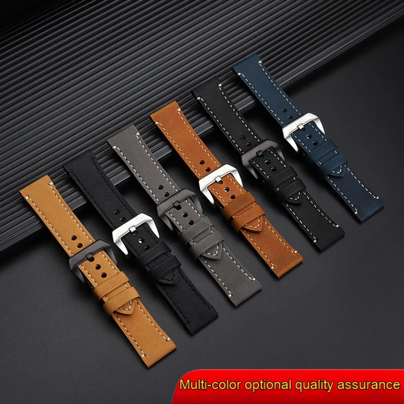 22mm 24mm 26mm Vintage Crazy Horse Leather Watch Strap For Panerai Luminor PAM111 PAM441/382 Soft Leather Bracelet for Men