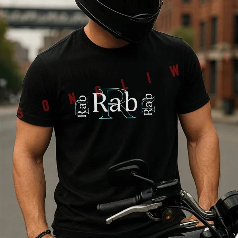 Rab Letter Print Motorcycle T-Shirt Men Hip Hop Unisex Casual Fashion Short Sleeve Tops