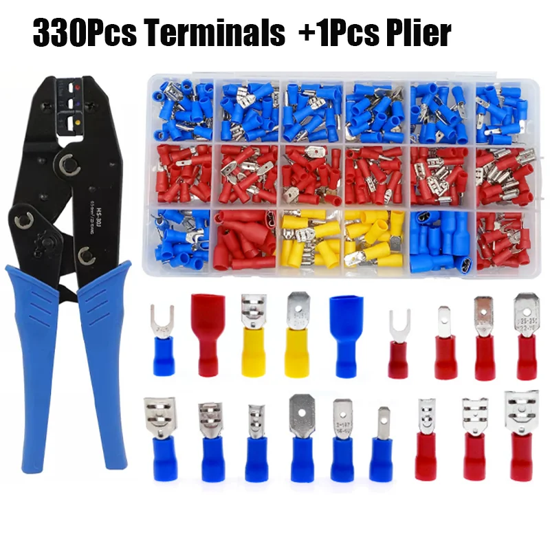 330Pcs Spade Terminals +1pcs Terminal Crimping Pliers Insulated Cable Connector Electrical Wire Crimp Butt Ring Fork Tools Kit