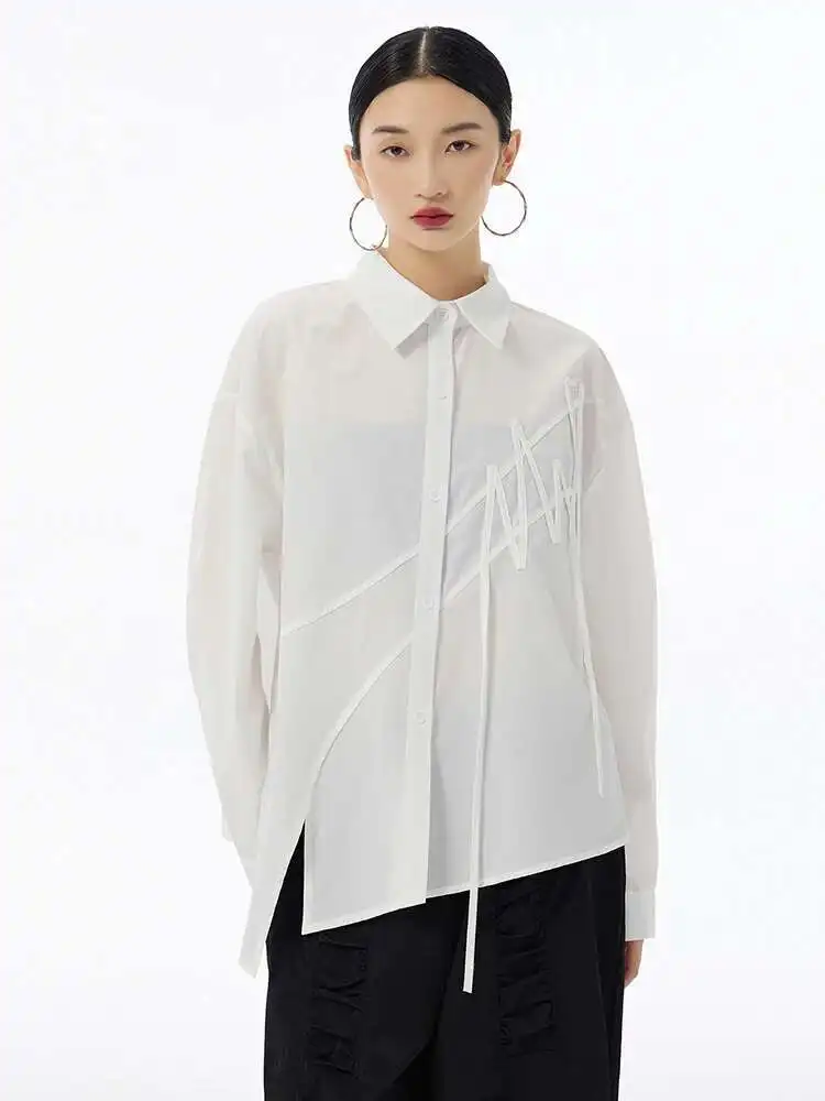 

Women Black Irregular String Big Size Casual Blouse New Lapel Long Sleeve Shirt Fashion Tide Spring Autumn