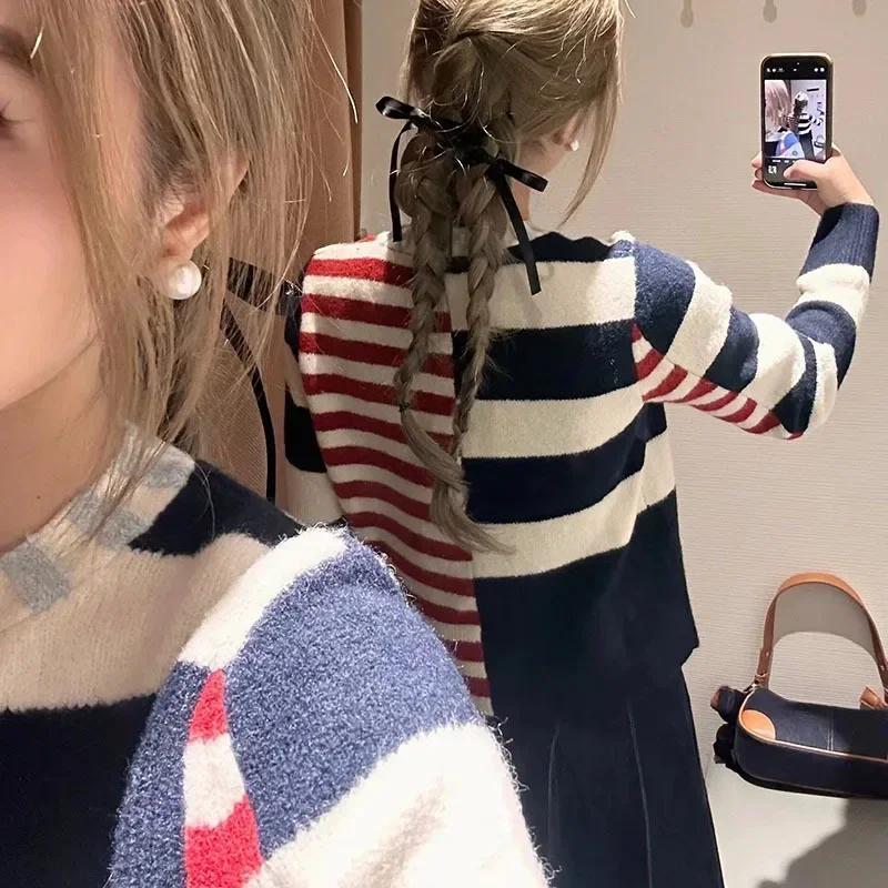 Japanese Knitted Sweater Retro College Wind Blue Red Contrast Stripe Round Neck Asymmetric Cardigan Small Fragrant Sweater Women