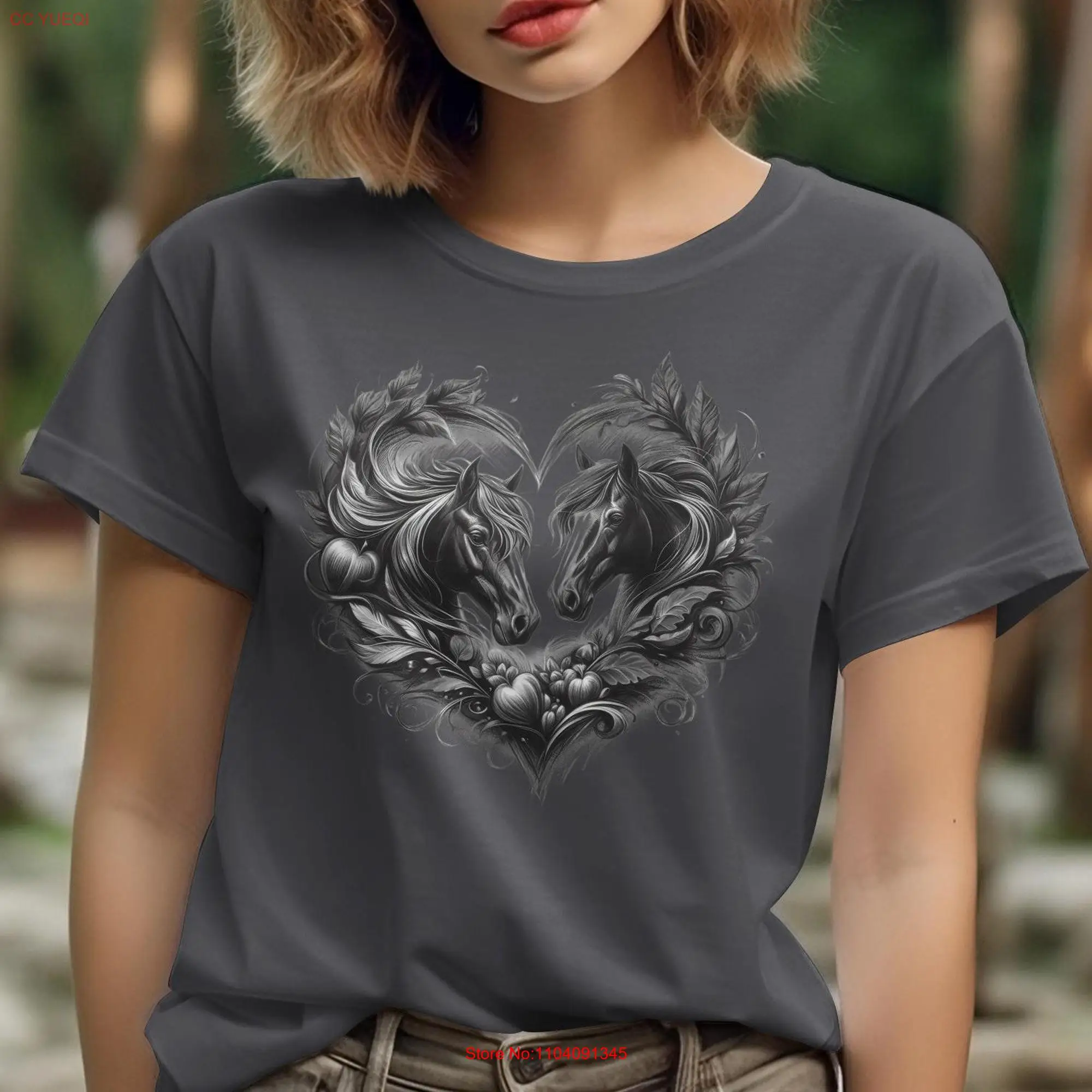 Women's Heart Shaped Horse Design T Shirt Elegant Equine Love Stylish Feminine Top long or short sleeves