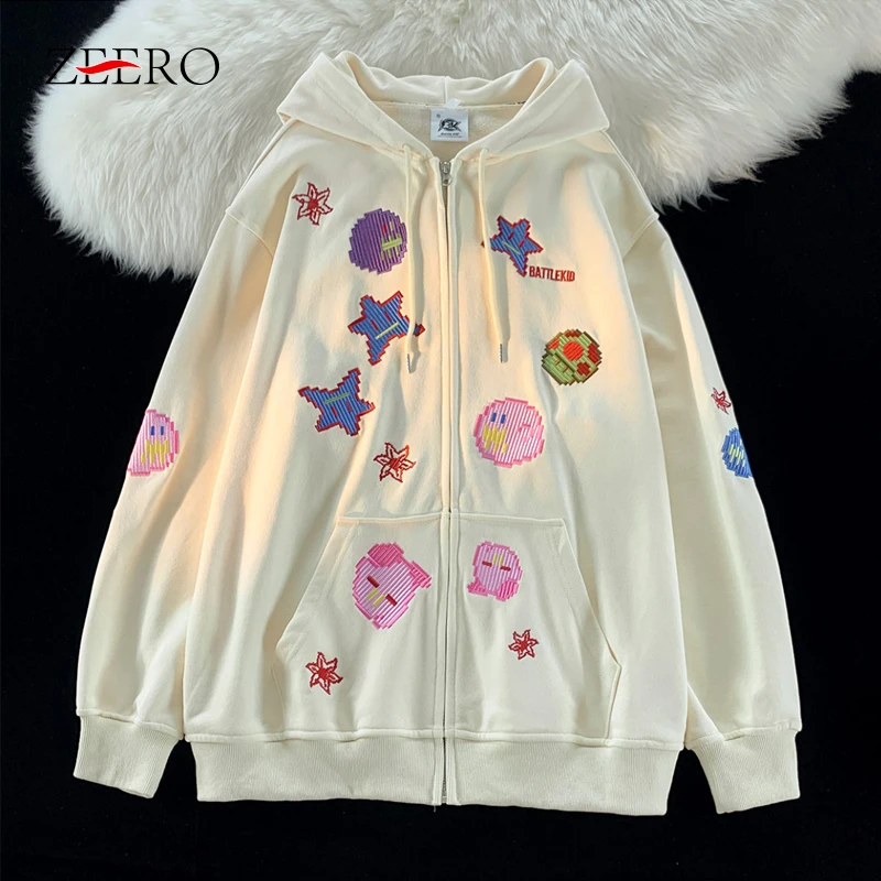 

Fall Winter Women Loose Cartoon Embroidery Hooded Tops Female Casual Zip Up Hoodie Coats Students Kawaii Clothes Sweatshirts