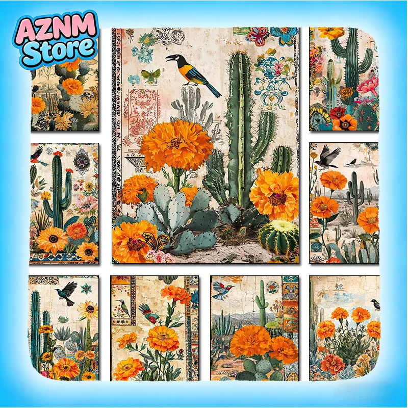 Póster de Lona con Diseño Retro de Páginas Amarillas 2026, Paisaje Desértico, Cielo Exótico, Cactus, Pájaros y Flores, Cuadros Decorativos para Pared de Habitación u Hogar