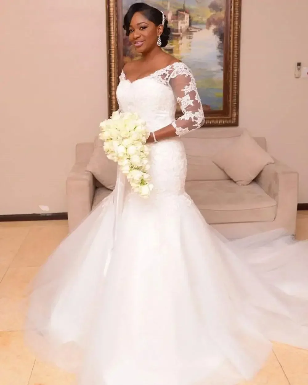カスタマイズされたアフリカ人魚のウェディングドレス 3/4 袖レースアップリケアイボリーブライダルドレスプラスサイズローブデマリーのウェディングドレス