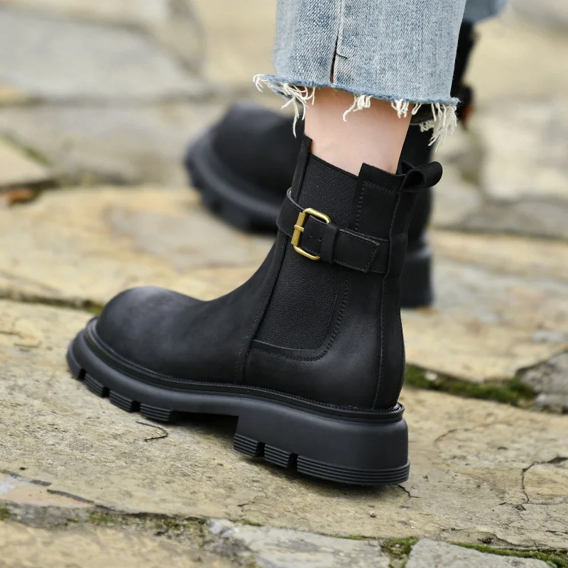 

Round Toe Cowhide Bucklel Shoes Spring Autumn Chelsea Boots Thick Heel Street Style Winter Shoes Woman Slip On Ankle Boots