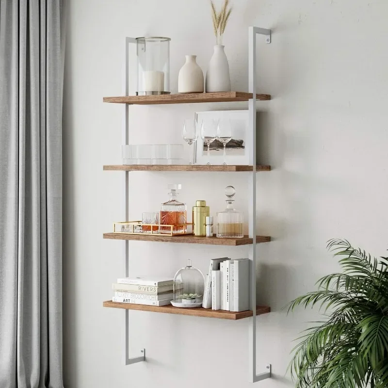 

4-Shelf Bookcase, Floating Wall Mount Shelves with Natural Wood and Industrial Pipe Metal Frame