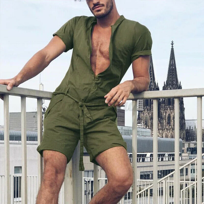 Summer Men's Solid Color One Piece Short Sleeve Short Pants Elegant Button Men Jumpsuits Rompers