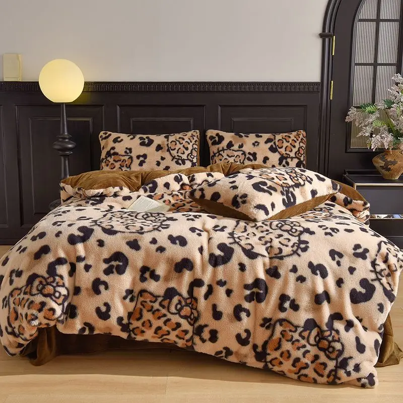 Bedding Set New Leopard Print Milk Warm Rad Plush Quilt Cover 4PCS Set Plush Winter Coral Bed Thickened Quilt Cover 200x230CM