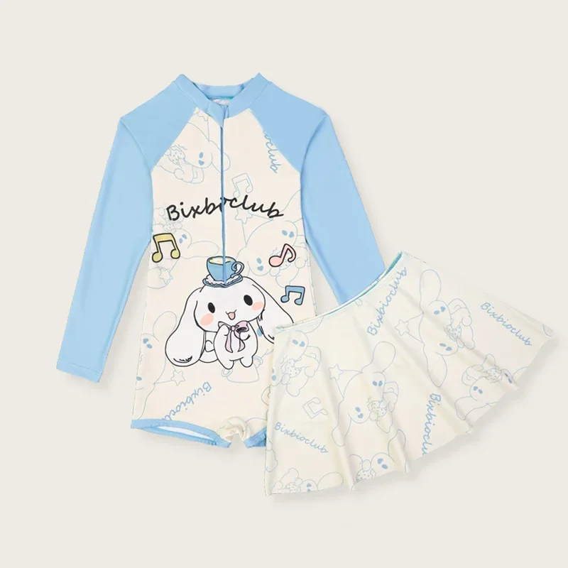 Costumi da bagno interi con stampa Kuromi Sanrio Anime My Melody Cinnamoroll Costumi da bagno a maniche lunghe per bambini Gonna costume da bagno