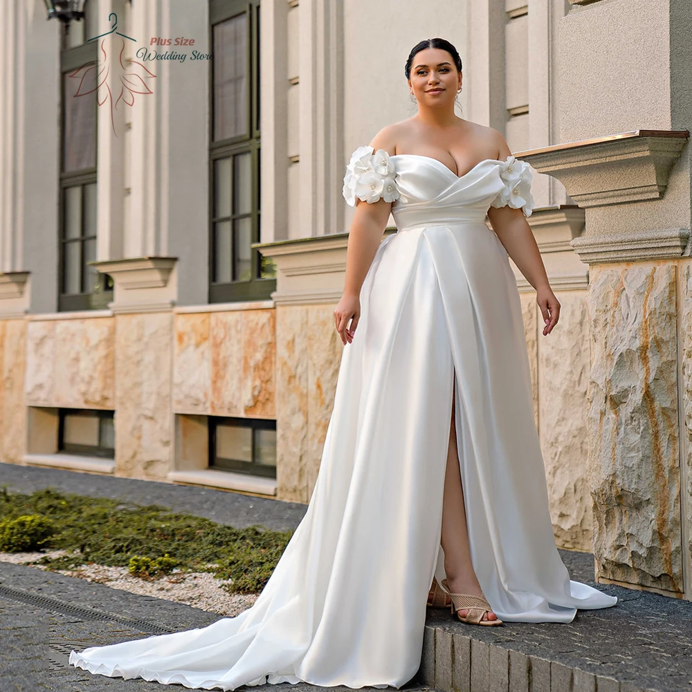 

Elegant Off Shoulder Satin Wedding Dresses Plus Size Sweetheart Bride Gowns Flowers Sweep Train Front Slit A-Line Robe De Mariee