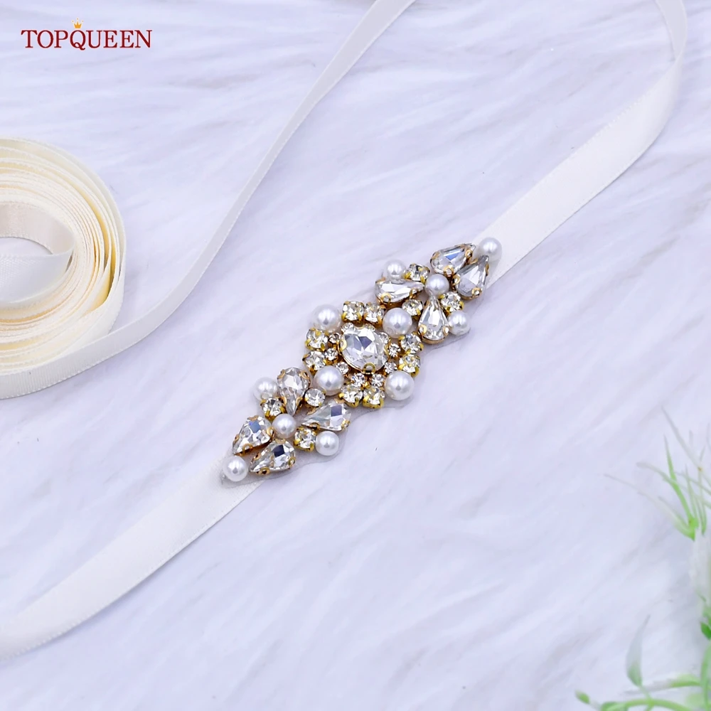 TOPQUEEN S52 New Style Pearl Belt Simple Gold Rhinestone Beaded Applique Bride Bridesmaid Wedding Accessories Women'S Dress Sash