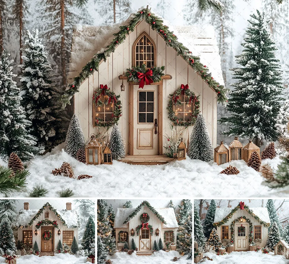 Mehofond التصوير خلفية الشتاء عيد الميلاد الغابات الثلجية منزل خشبي هدية للأطفال الأسرة صورة ديكور خلفية استوديو الصور