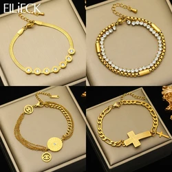 EILIECK 316L Stainless Steel Eye Cross Lock Zircon Bracelet For Women Fashion Gold Color Girl Bangles Wrist Jewelry Gift Bijoux