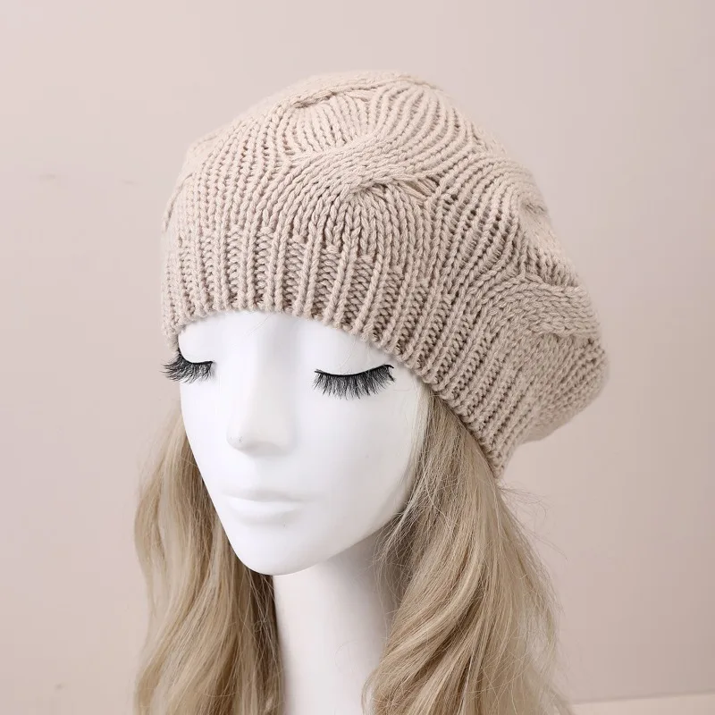 Solid Color Thick Textured Knitted Beret‑Style Skull Cap Warm Relaxed Fit Headwear for Autumn Winter Daily Outdoor Street Wear